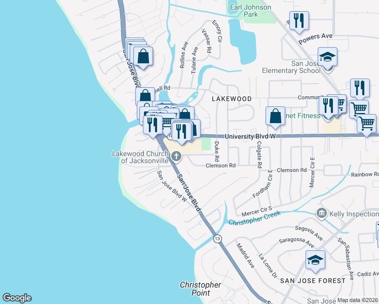 map of restaurants, bars, coffee shops, grocery stores, and more near 1705 Furman Road in Jacksonville