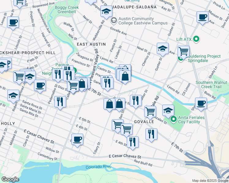map of restaurants, bars, coffee shops, grocery stores, and more near 3119 Garwood Street in Austin