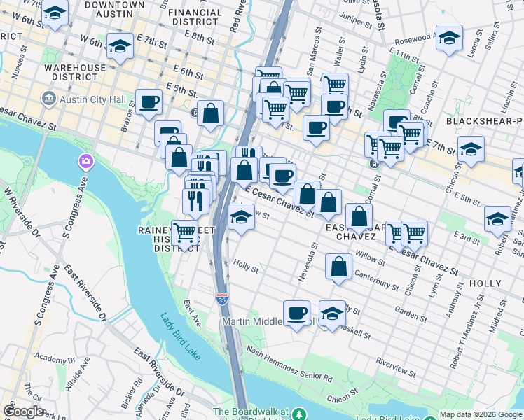 map of restaurants, bars, coffee shops, grocery stores, and more near 1010 Willow Street in Austin