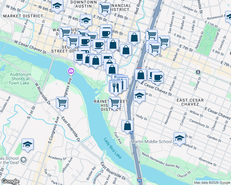 map of restaurants, bars, coffee shops, grocery stores, and more near 85 1/2 Rainey Street in Austin