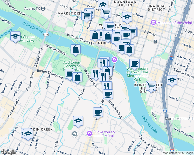 map of restaurants, bars, coffee shops, grocery stores, and more near 220 Barton Springs Road in Austin