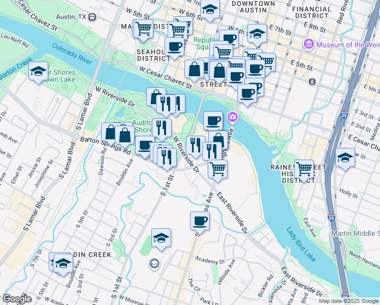 map of restaurants, bars, coffee shops, grocery stores, and more near 401 1/2 West Riverside Drive in Austin
