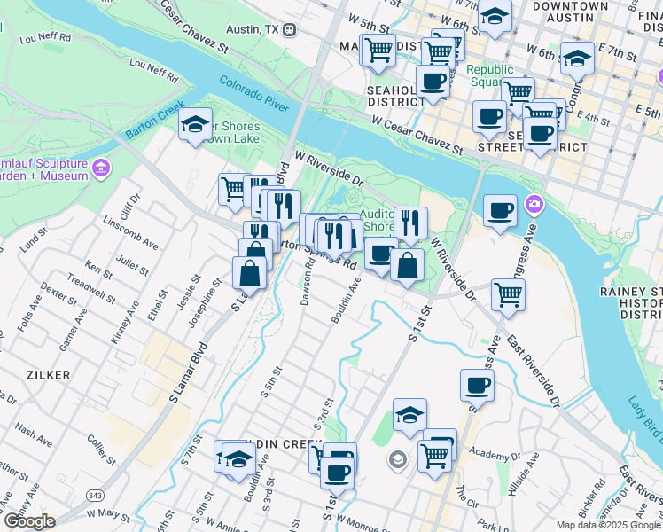map of restaurants, bars, coffee shops, grocery stores, and more near 1000 Daniel Drive in Austin