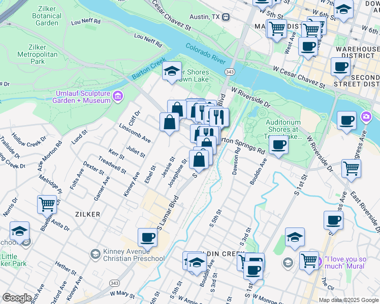 map of restaurants, bars, coffee shops, grocery stores, and more near 605 Josephine Street in Austin