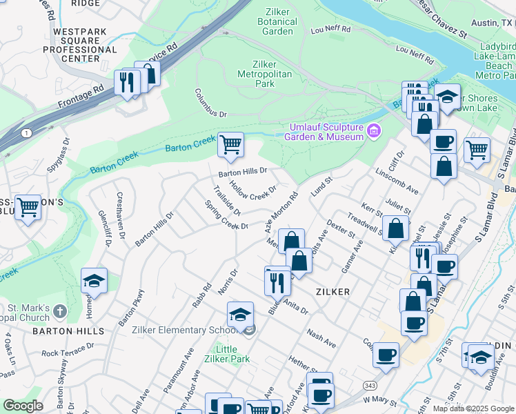 map of restaurants, bars, coffee shops, grocery stores, and more near 2203 Trailside Drive in Austin