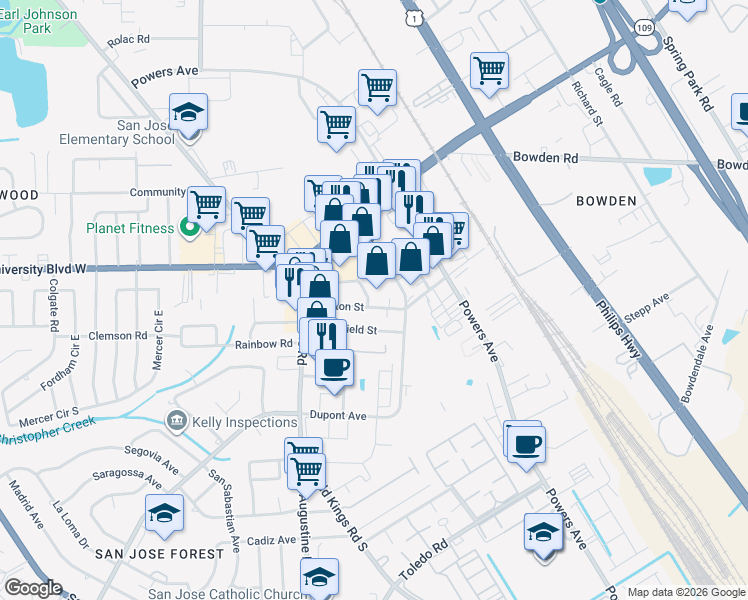 map of restaurants, bars, coffee shops, grocery stores, and more near 3693 Morton Street in Jacksonville