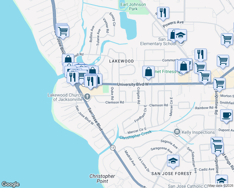 map of restaurants, bars, coffee shops, grocery stores, and more near 6125 Stetson Road in Jacksonville