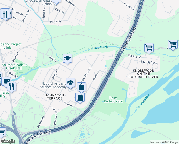 map of restaurants, bars, coffee shops, grocery stores, and more near 1113 Arthur Stiles Road in Austin