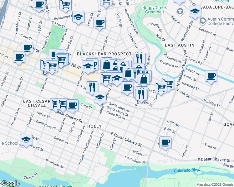 map of restaurants, bars, coffee shops, grocery stores, and more near 2213 East 5th Street in Austin