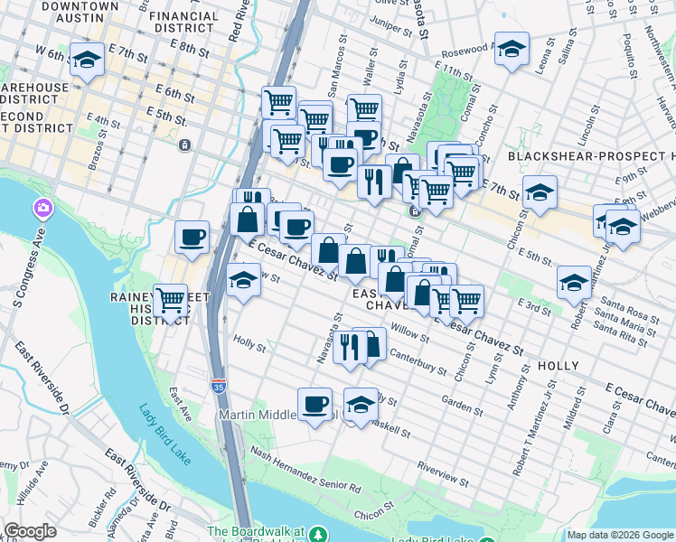 map of restaurants, bars, coffee shops, grocery stores, and more near 1306 East Cesar Chavez Street in Austin