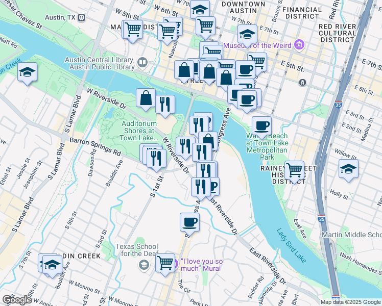 map of restaurants, bars, coffee shops, grocery stores, and more near 220 Barton Springs Road in Austin