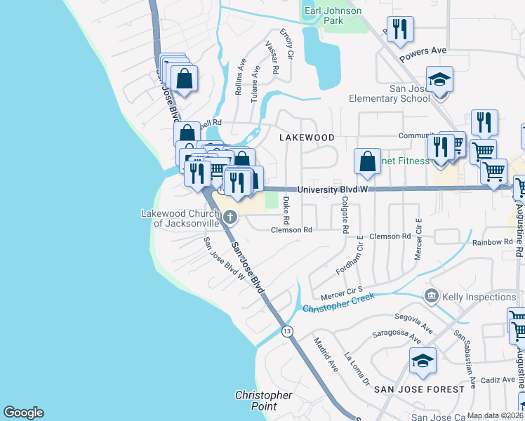 map of restaurants, bars, coffee shops, grocery stores, and more near 1705 Furman Road in Jacksonville