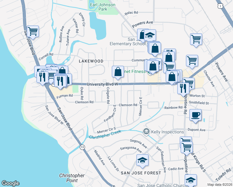 map of restaurants, bars, coffee shops, grocery stores, and more near 6143 Fordham Circle East in Jacksonville