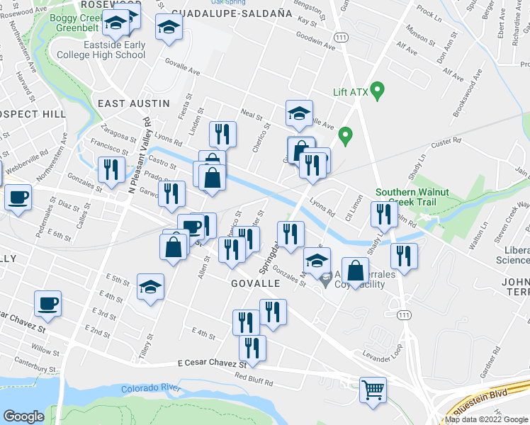 map of restaurants, bars, coffee shops, grocery stores, and more near 819 Gunter Street in Austin