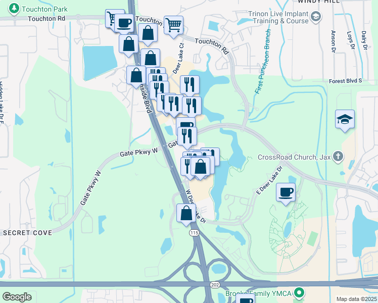 map of restaurants, bars, coffee shops, grocery stores, and more near 4820 Deer Lake Drive West in Jacksonville