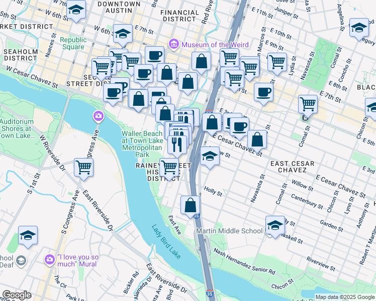 map of restaurants, bars, coffee shops, grocery stores, and more near 84 East Avenue in Austin