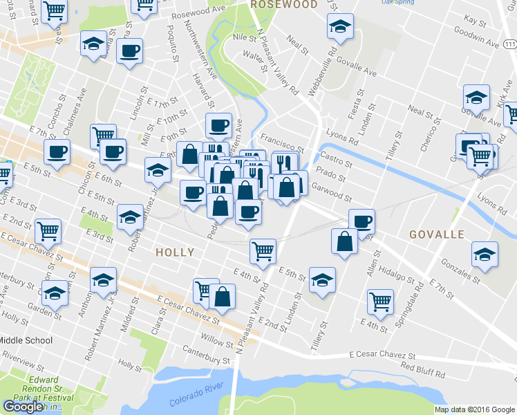 map of restaurants, bars, coffee shops, grocery stores, and more near Calles St & Diaz St in Austin