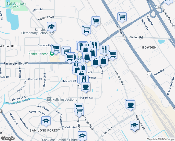 map of restaurants, bars, coffee shops, grocery stores, and more near 3606 Morton Street in Jacksonville