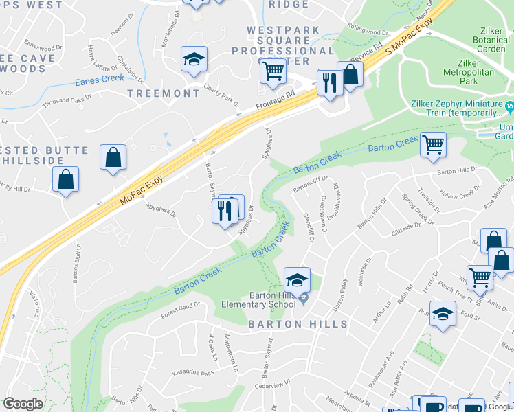 map of restaurants, bars, coffee shops, grocery stores, and more near 1407 Spyglass Drive in Austin