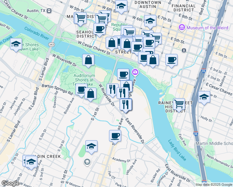 map of restaurants, bars, coffee shops, grocery stores, and more near 220 Barton Springs Road in Austin