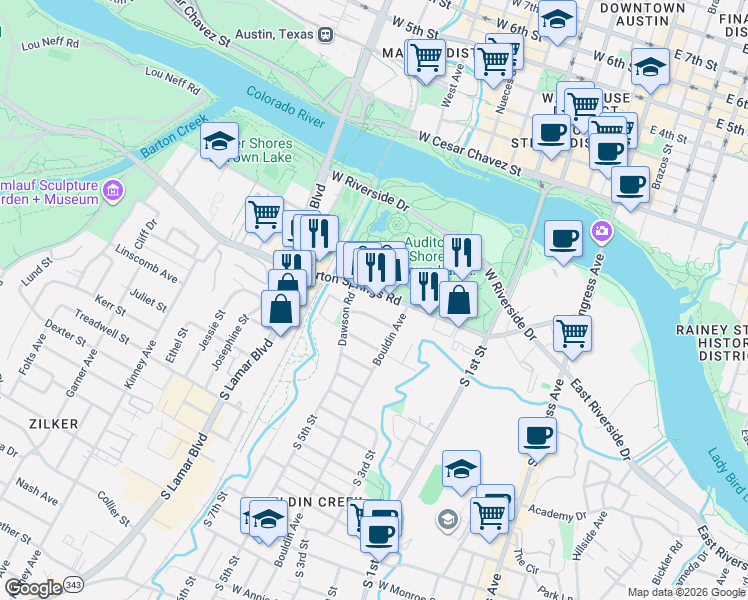 map of restaurants, bars, coffee shops, grocery stores, and more near 1003 Barton Springs Road in Austin