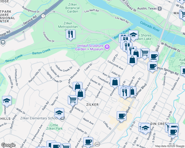 map of restaurants, bars, coffee shops, grocery stores, and more near 1822 Treadwell Street in Austin