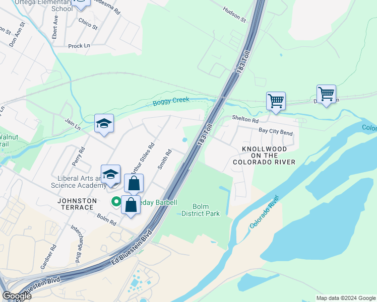 map of restaurants, bars, coffee shops, grocery stores, and more near 1912 Smith Road in Austin
