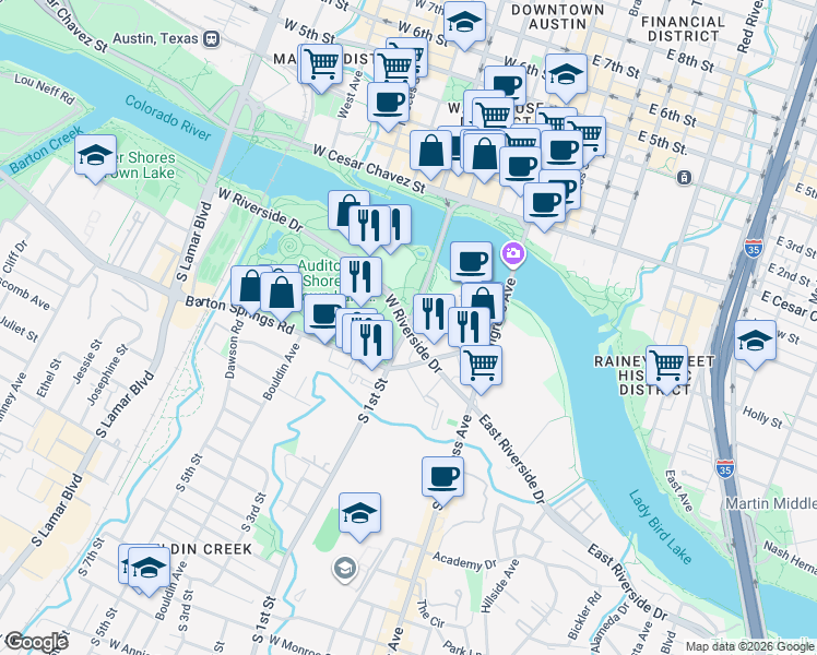 map of restaurants, bars, coffee shops, grocery stores, and more near S 1st St & W Riverside Dr in Austin