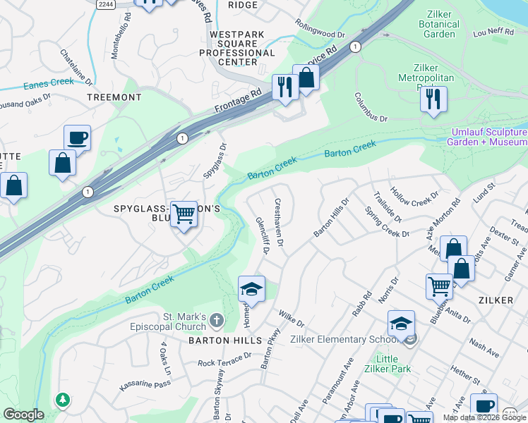 map of restaurants, bars, coffee shops, grocery stores, and more near 1800 Glencliff Drive in Austin