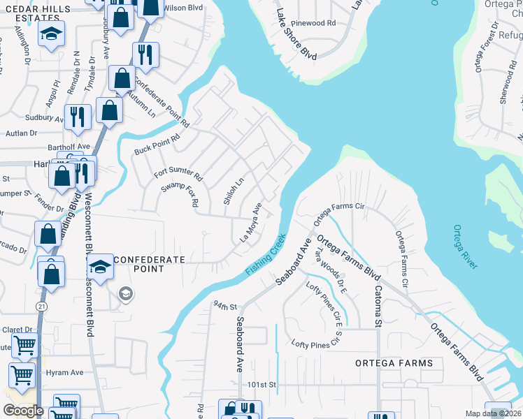 map of restaurants, bars, coffee shops, grocery stores, and more near 5400 La Moya Avenue in Jacksonville