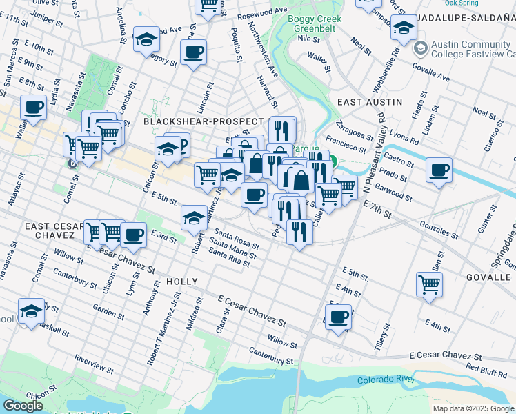 map of restaurants, bars, coffee shops, grocery stores, and more near 2400 East 6th Street in Austin
