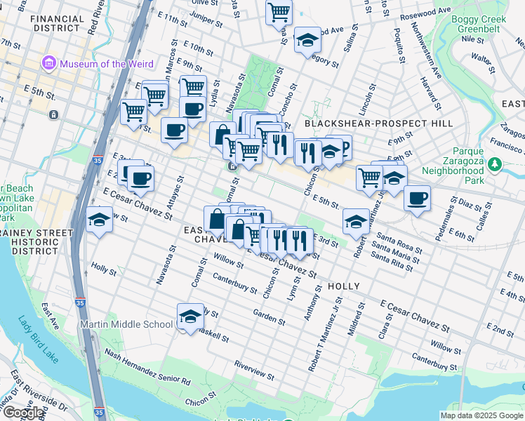map of restaurants, bars, coffee shops, grocery stores, and more near 1718 East 3rd Street in Austin