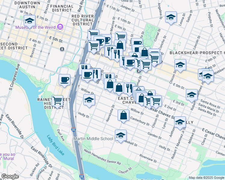 map of restaurants, bars, coffee shops, grocery stores, and more near 1306 East Cesar Chavez Street in Austin