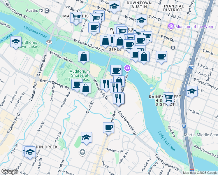 map of restaurants, bars, coffee shops, grocery stores, and more near 220 Barton Springs Road in Austin