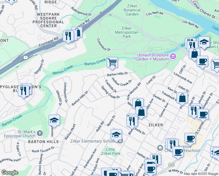 map of restaurants, bars, coffee shops, grocery stores, and more near 2406 Spring Creek Drive in Austin