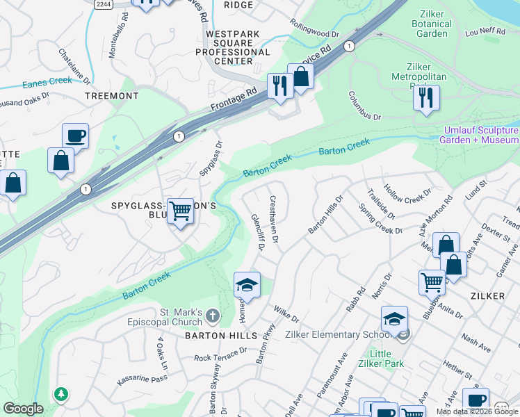 map of restaurants, bars, coffee shops, grocery stores, and more near 1800 Glencliff Drive in Austin