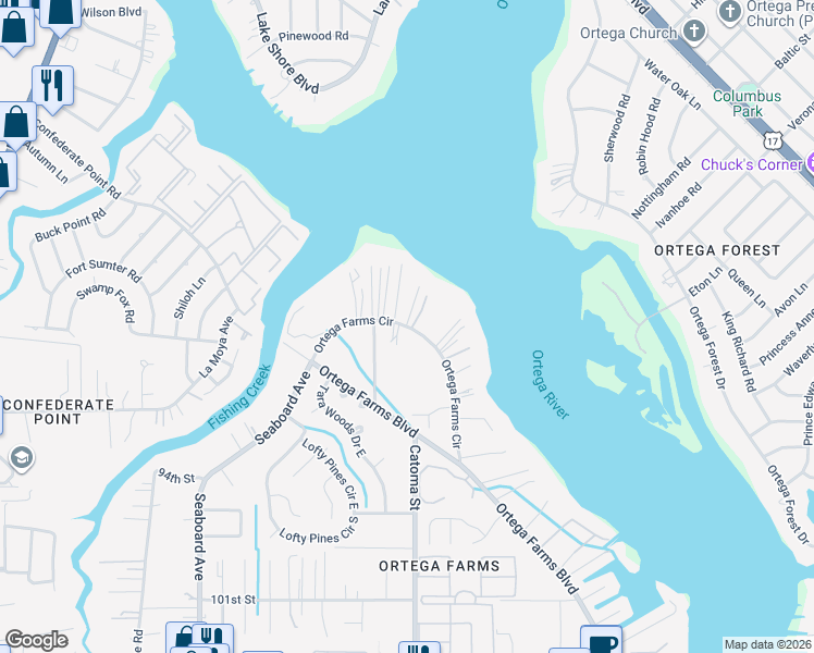 map of restaurants, bars, coffee shops, grocery stores, and more near 4441 Ortega Farms Circle in Jacksonville