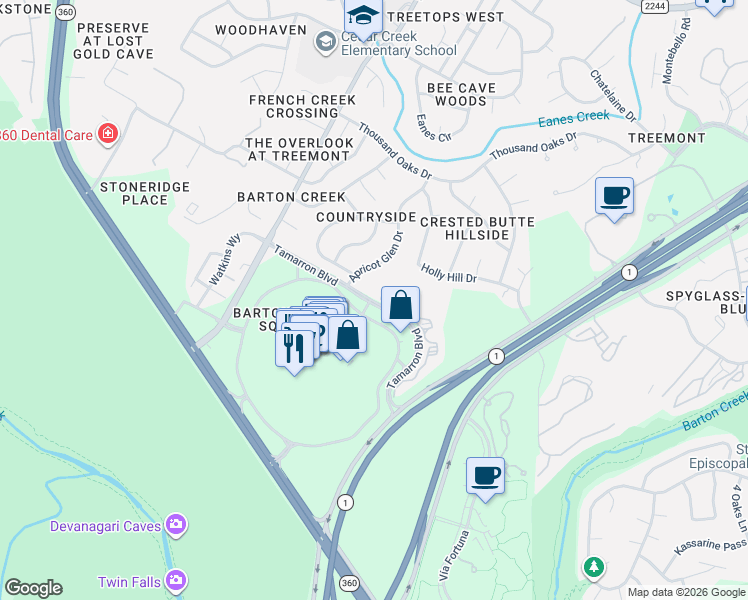 map of restaurants, bars, coffee shops, grocery stores, and more near 3080 Tamarron Boulevard in Austin
