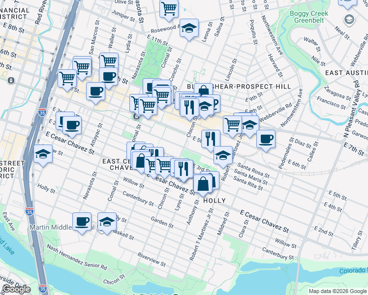 map of restaurants, bars, coffee shops, grocery stores, and more near in Austin