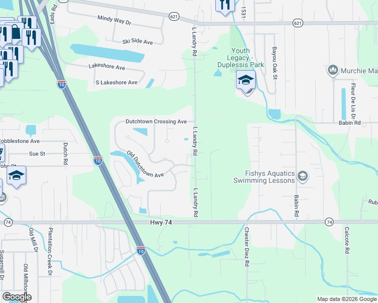 map of restaurants, bars, coffee shops, grocery stores, and more near 13160 Old Dutchtown Avenue in Gonzales