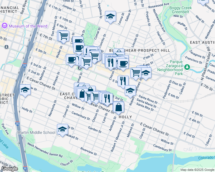 map of restaurants, bars, coffee shops, grocery stores, and more near in Austin