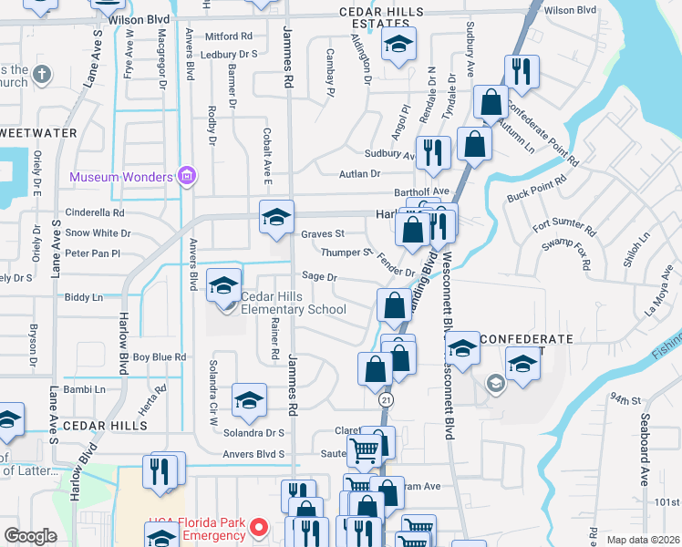 map of restaurants, bars, coffee shops, grocery stores, and more near 6261 Sage Drive in Jacksonville