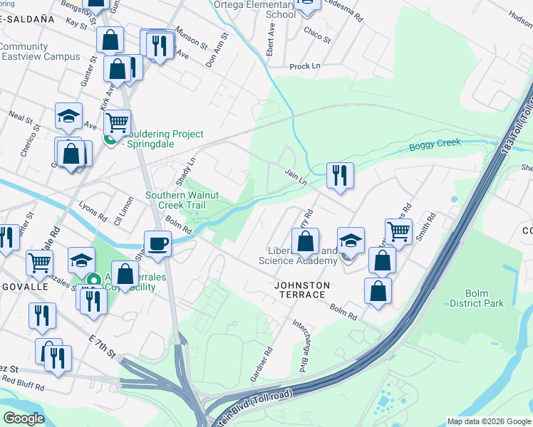 map of restaurants, bars, coffee shops, grocery stores, and more near 1123 Walton Lane in Austin