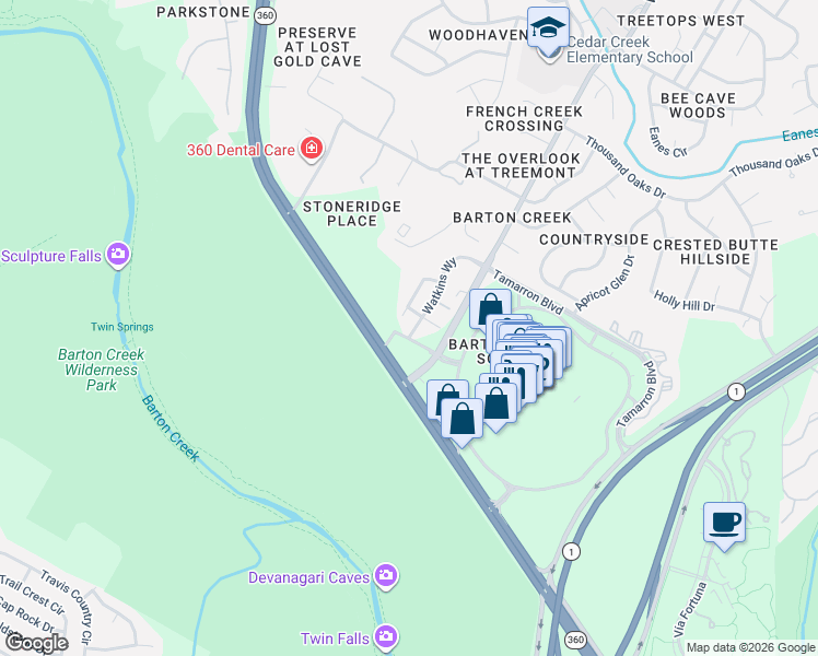 map of restaurants, bars, coffee shops, grocery stores, and more near 2610 Watkins Way in Austin