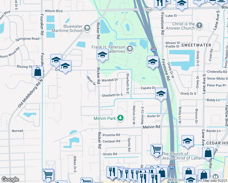 map of restaurants, bars, coffee shops, grocery stores, and more near 7513 Sharbeth Drive South in Jacksonville