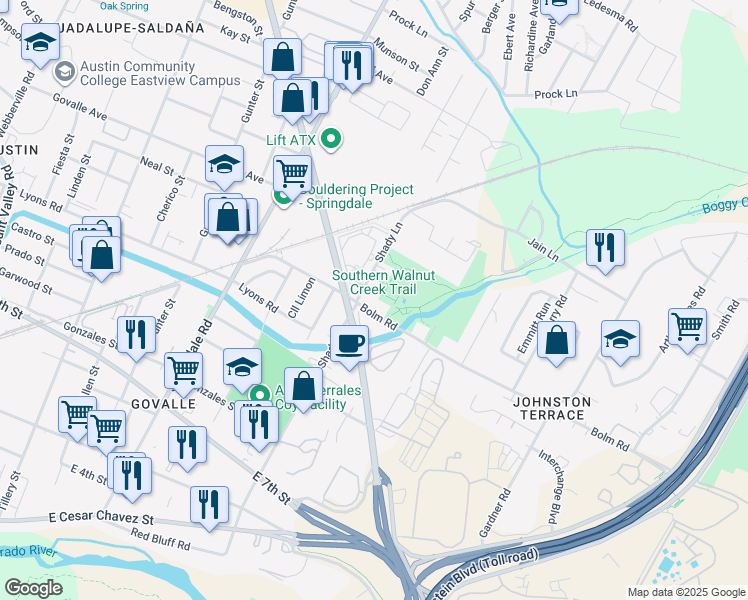 map of restaurants, bars, coffee shops, grocery stores, and more near 1001 Shady Lane in Austin
