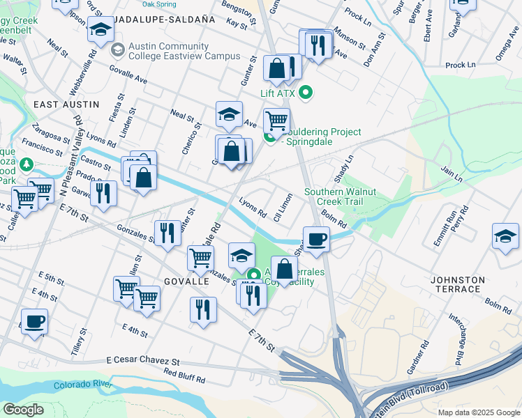map of restaurants, bars, coffee shops, grocery stores, and more near 4806 Lyons Road in Austin