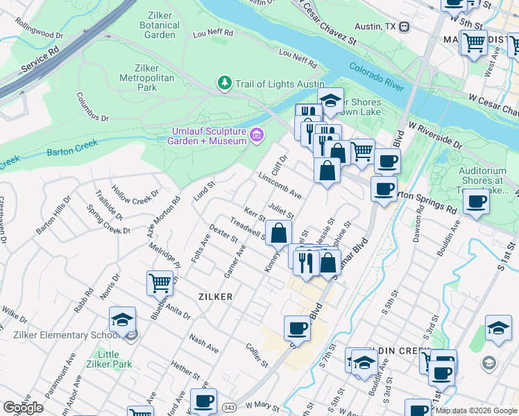 map of restaurants, bars, coffee shops, grocery stores, and more near 807 Garner Avenue in Austin