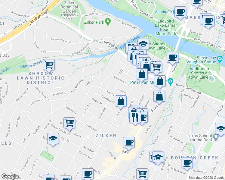 map of restaurants, bars, coffee shops, grocery stores, and more near 807 Garner Avenue in Austin