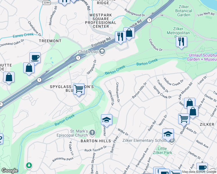 map of restaurants, bars, coffee shops, grocery stores, and more near 1800 Glencliff Drive in Austin